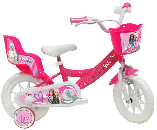 Vélo 12'' Barbie équipé de 1 frein, panier avant, porte poupée arrière, 2 stabilisateurs