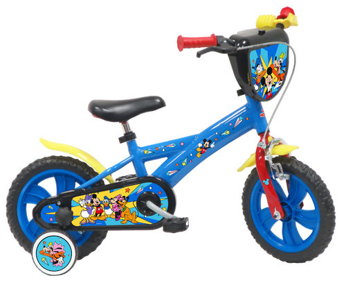Vélo 12" Enfant Mickey / Disney équipé de 1 frein - Plaque avant - 2 Stabilisateurs - Bidon arrière