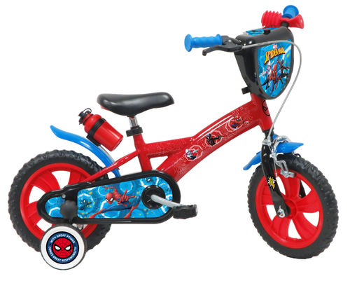 Vélo 12'' Spiderman équipé de 1 frein, garde boue, bidon/porte bidon, plaque avant + stabilisateurs