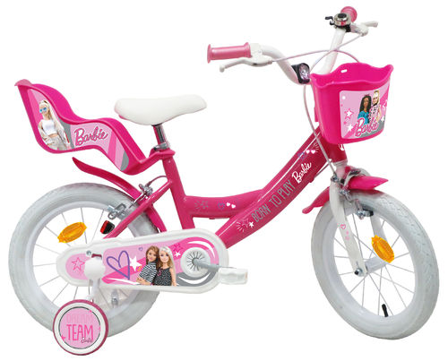 Vélo Enfant 14'' Barbie / Mattel avec Panier avant et Porte Poupée arrière + 2 Stabilisateurs